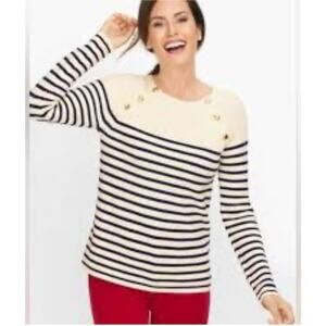 Talbots Womens Pima Mariner Stripe Sweater Size Small White Navy Blue Nautical